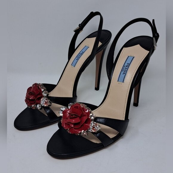 NWOT Prada Women's Black Red Rose Crystals Slingback Sandals Heels 39 EU 9 US - Picture 2 of 15
